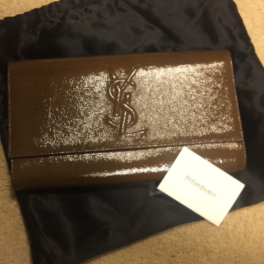 YSL Patent Calfskin Large Clutch Brown